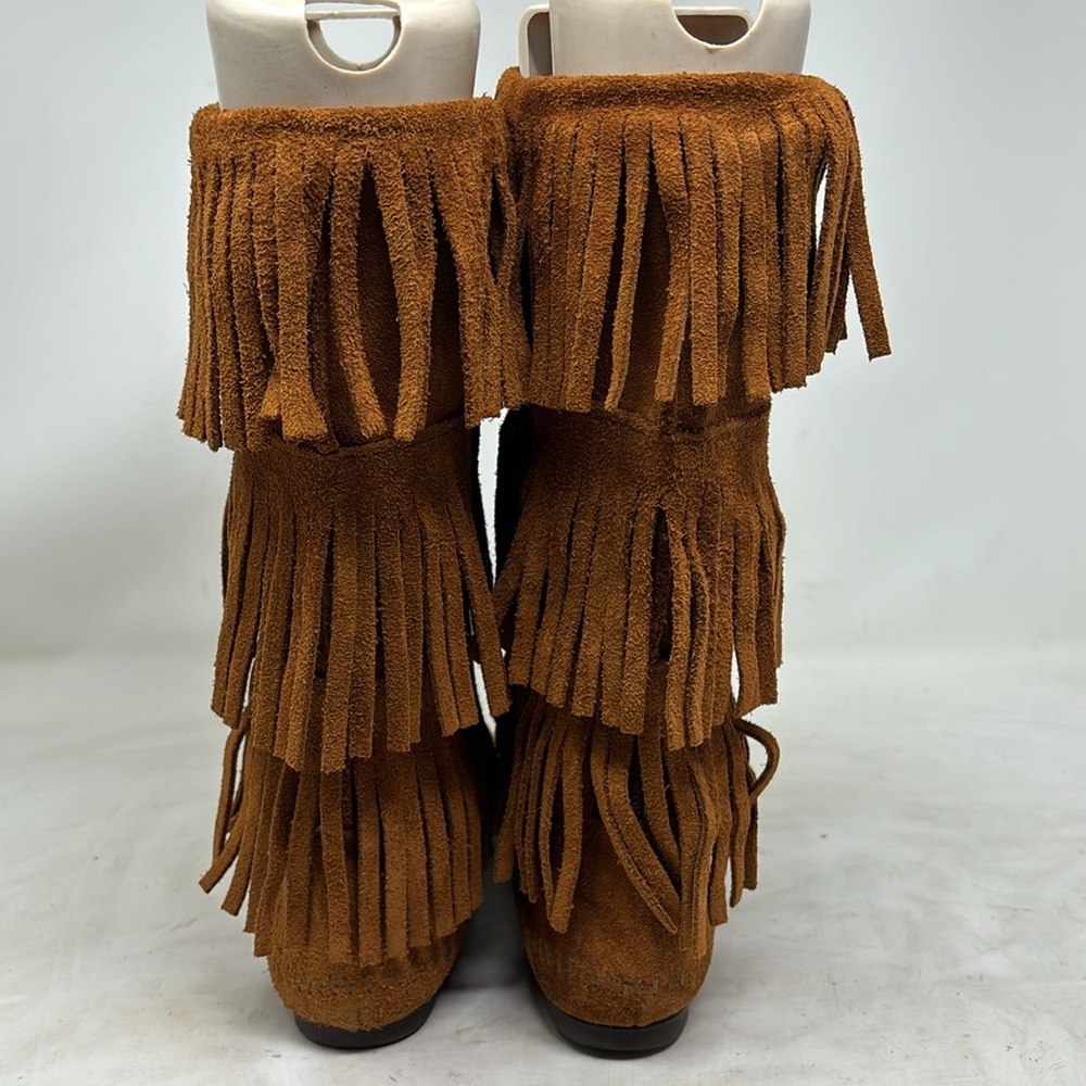 Minnetonka 3 Layer Fringe Boot Orange Suede Size 7 - image 4